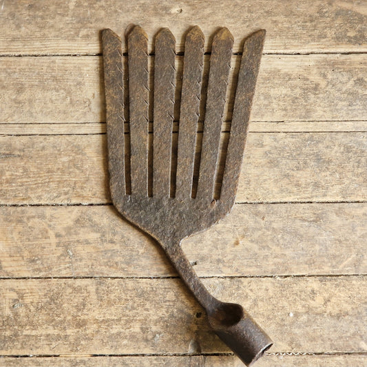 Rustic metal eel fork on wooden surface