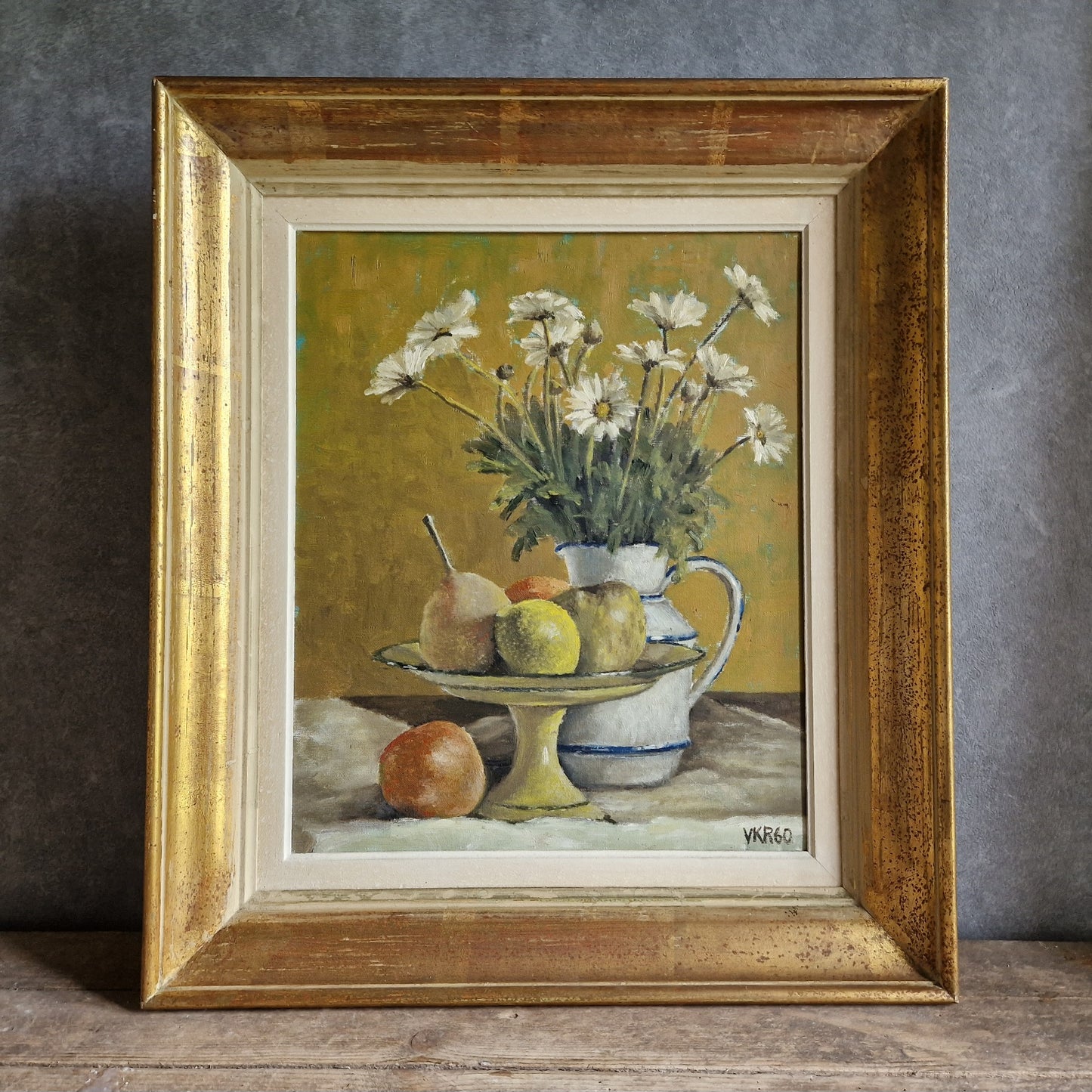 French mid century floral painting. French still life flower painting.