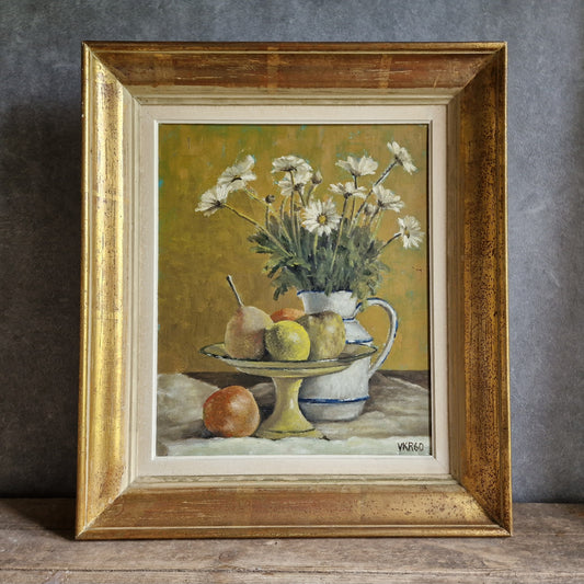 French mid century floral painting. French still life flower painting.