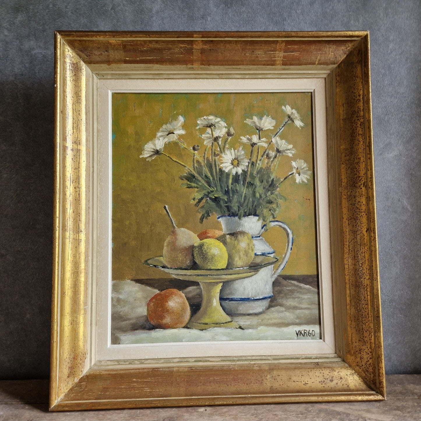 French mid century floral painting. French still life flower painting.