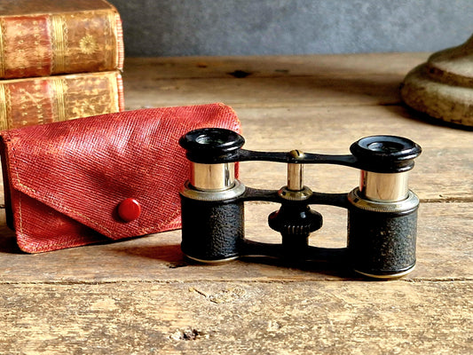 Vintage binoculars with a red case on a wooden surface