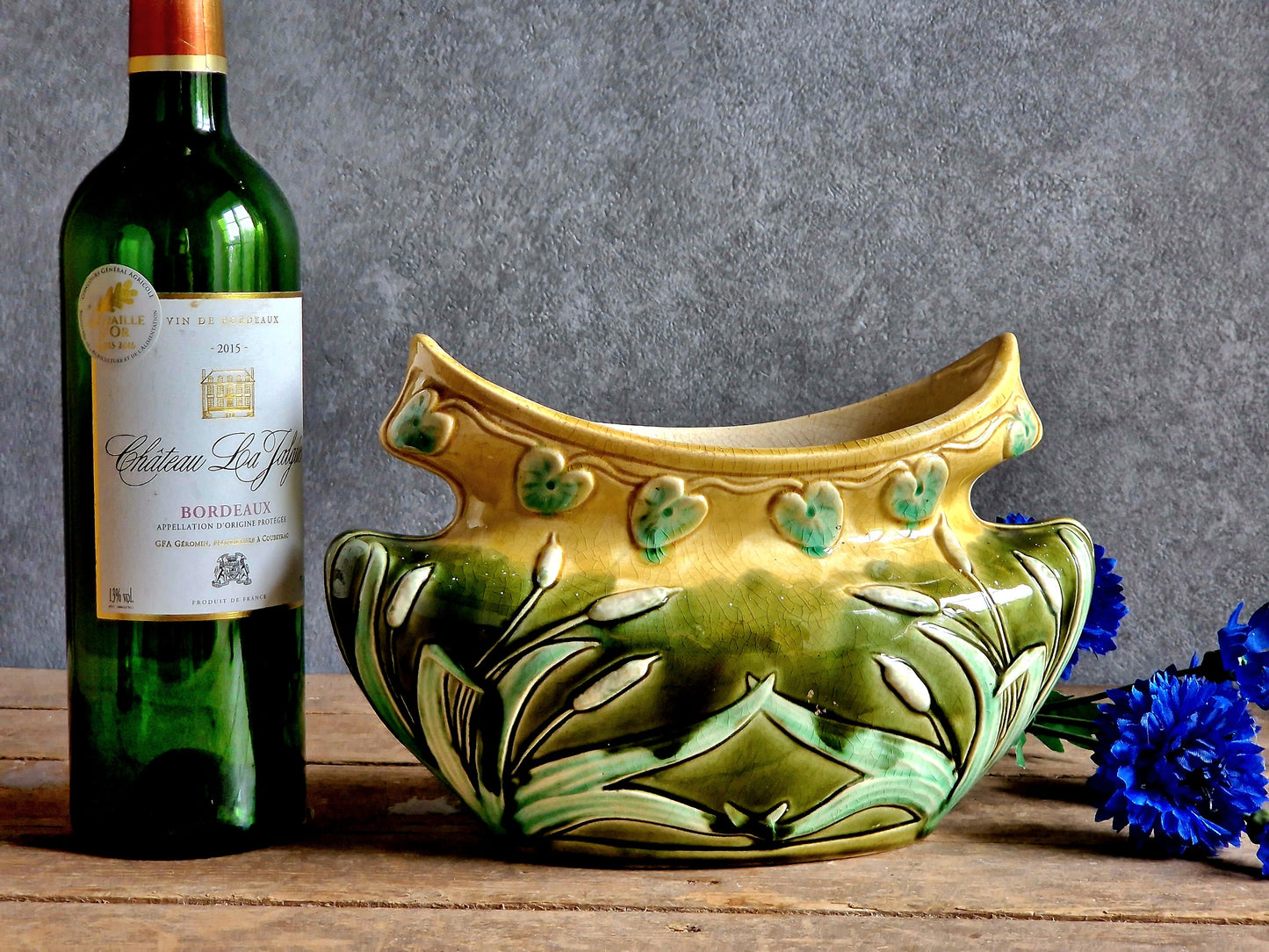 Jardinière barbotine ancienne française. Jardinière Art Nouveau 1910.