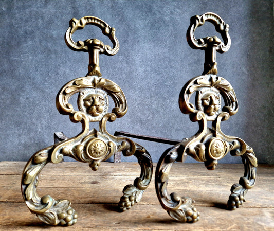 Pair of ornate brass andirons on a wooden surface with a gray background