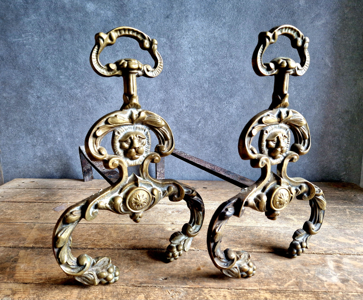 French antique firedogs. Antique brass fire chenets. Antique andirons.