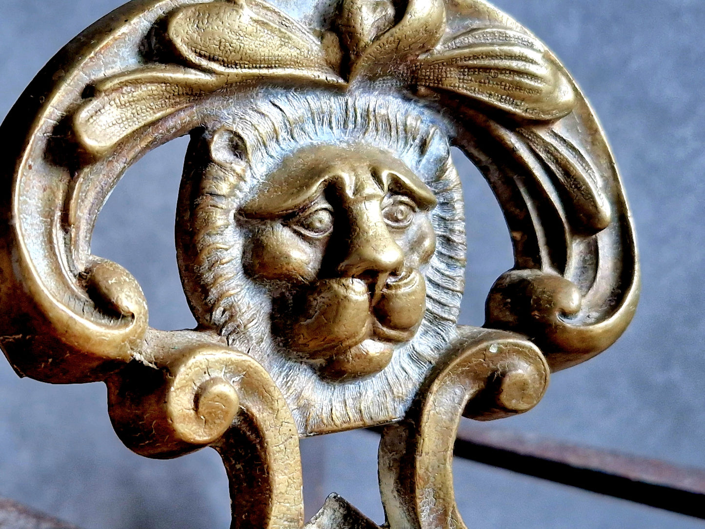 French antique firedogs. Antique brass fire chenets. Antique andirons.