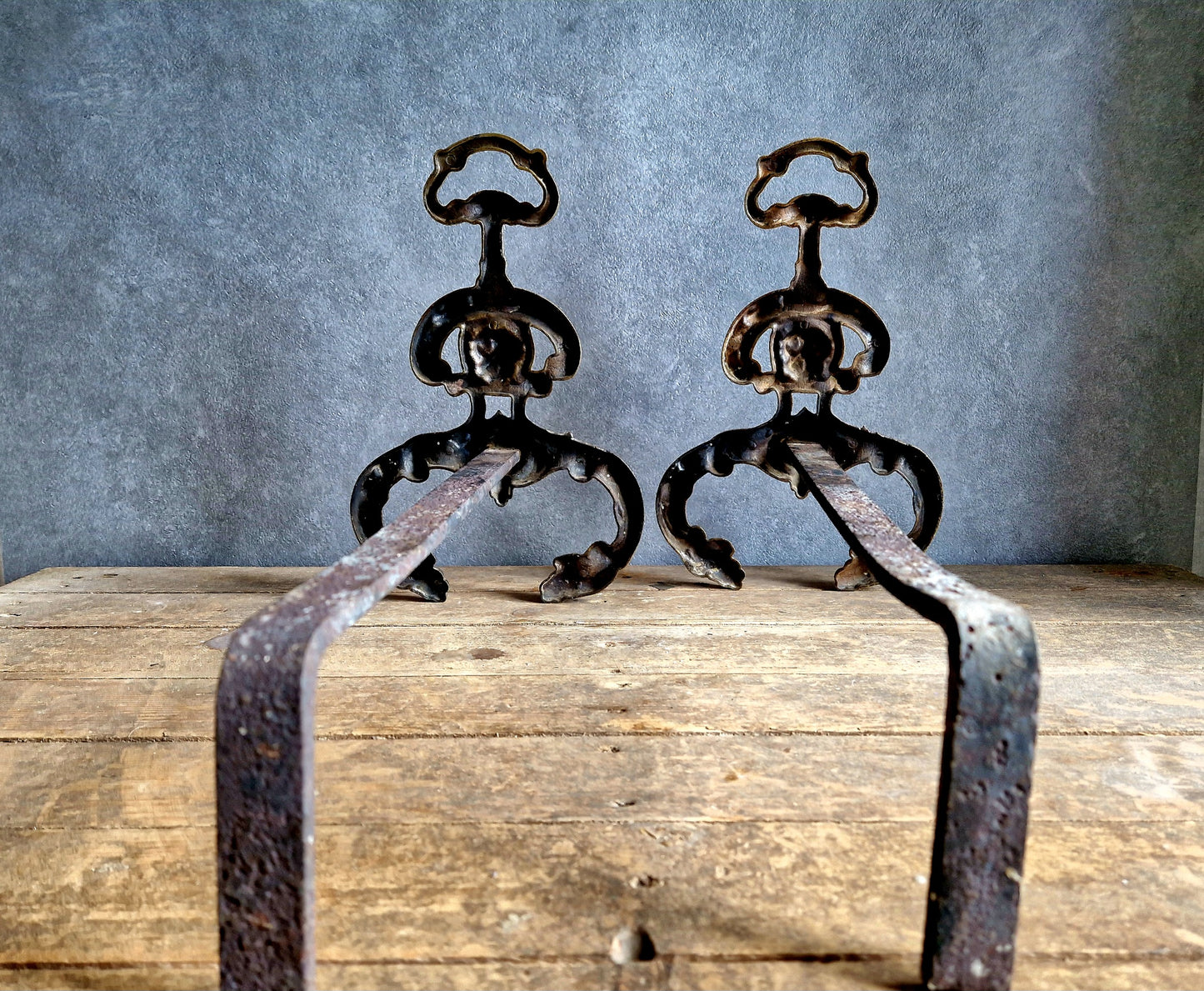 French antique firedogs. Antique brass fire chenets. Antique andirons.