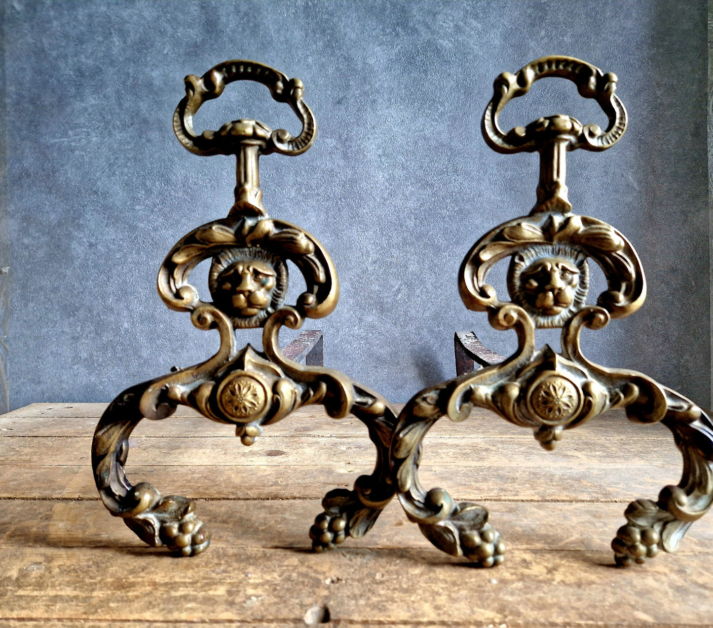 French antique firedogs. Antique brass fire chenets. Antique andirons.