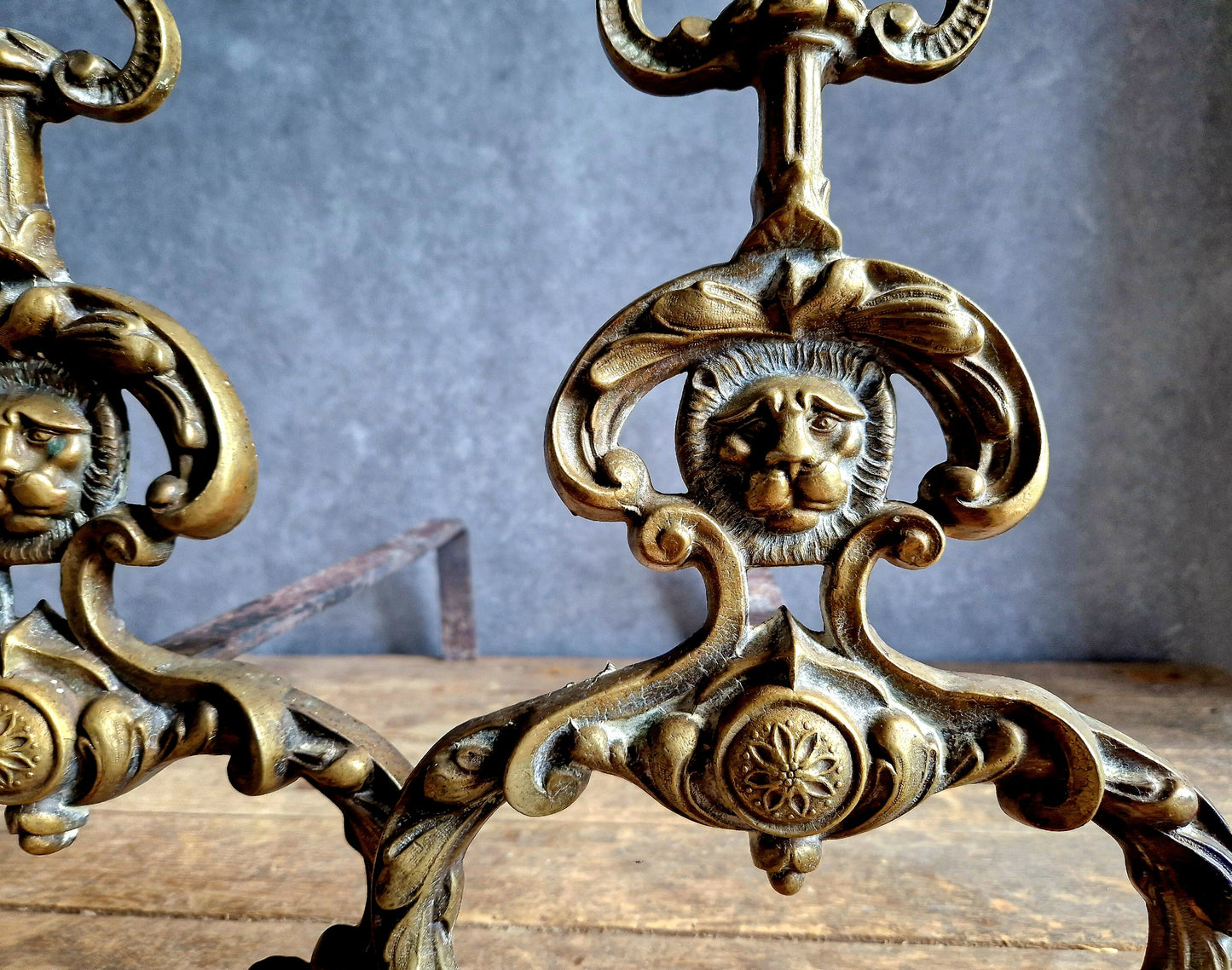 French antique firedogs. Antique brass fire chenets. Antique andirons.