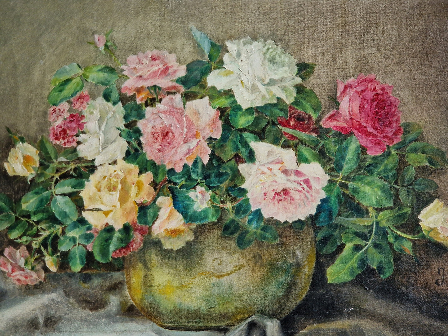 French flower painting. Floral still life on canvas signed and dated 1931.