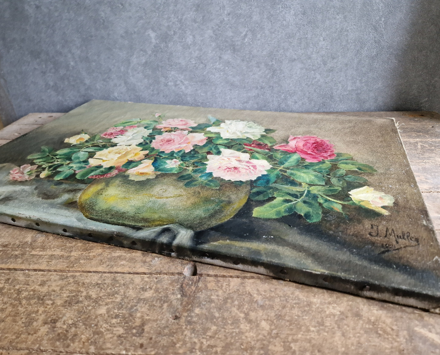 French flower painting. Floral still life on canvas signed and dated 1931.