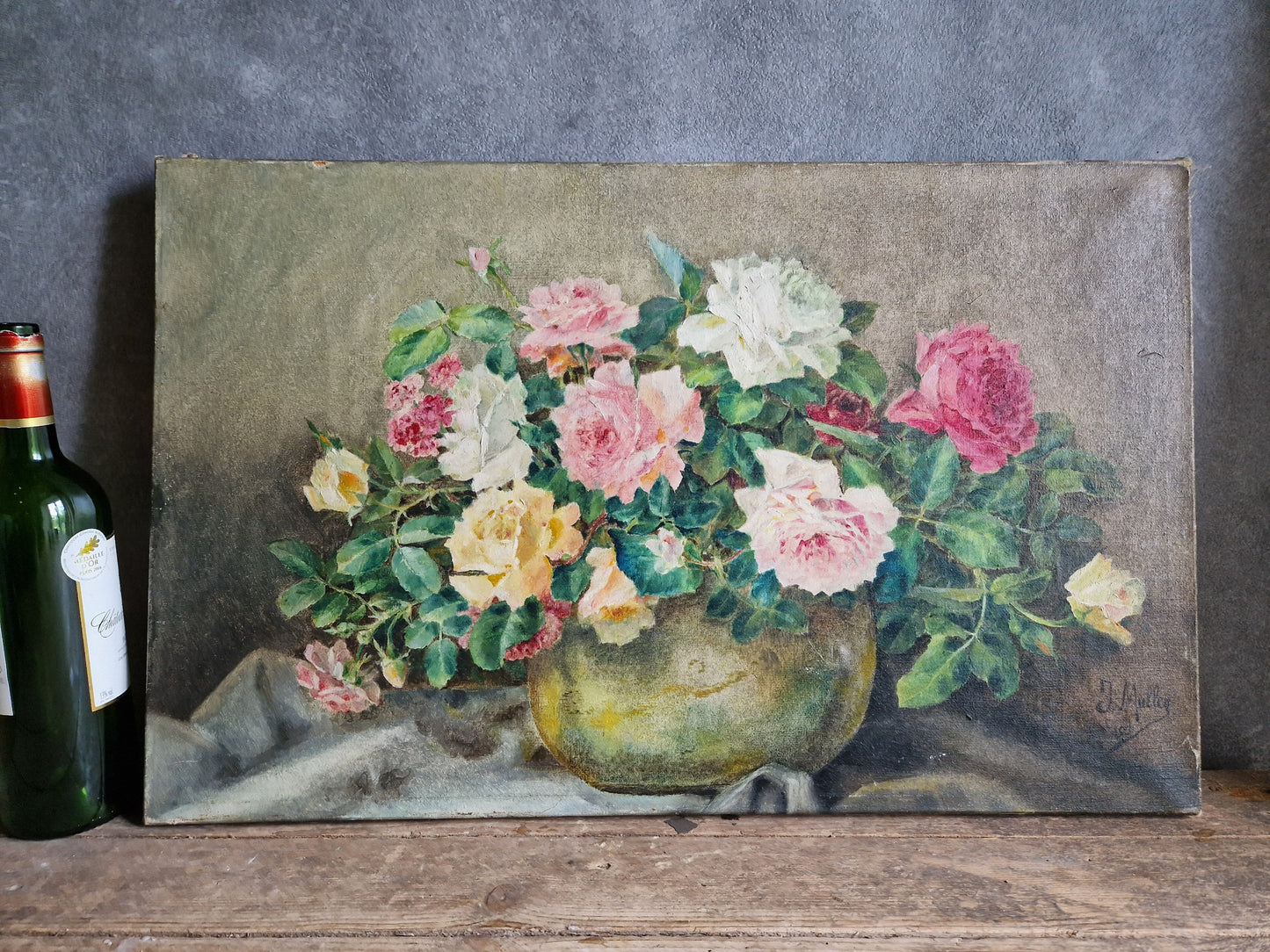 French flower painting. Floral still life on canvas signed and dated 1931.