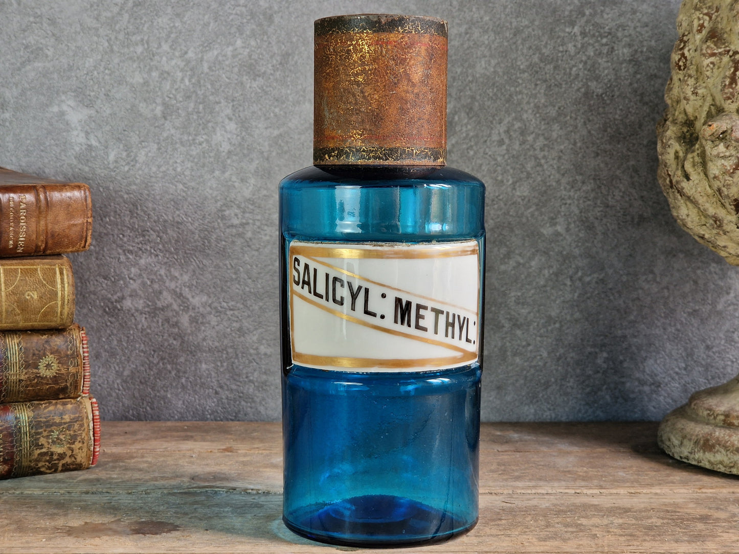 French antique blue apothecary bottle with toleware lid.
