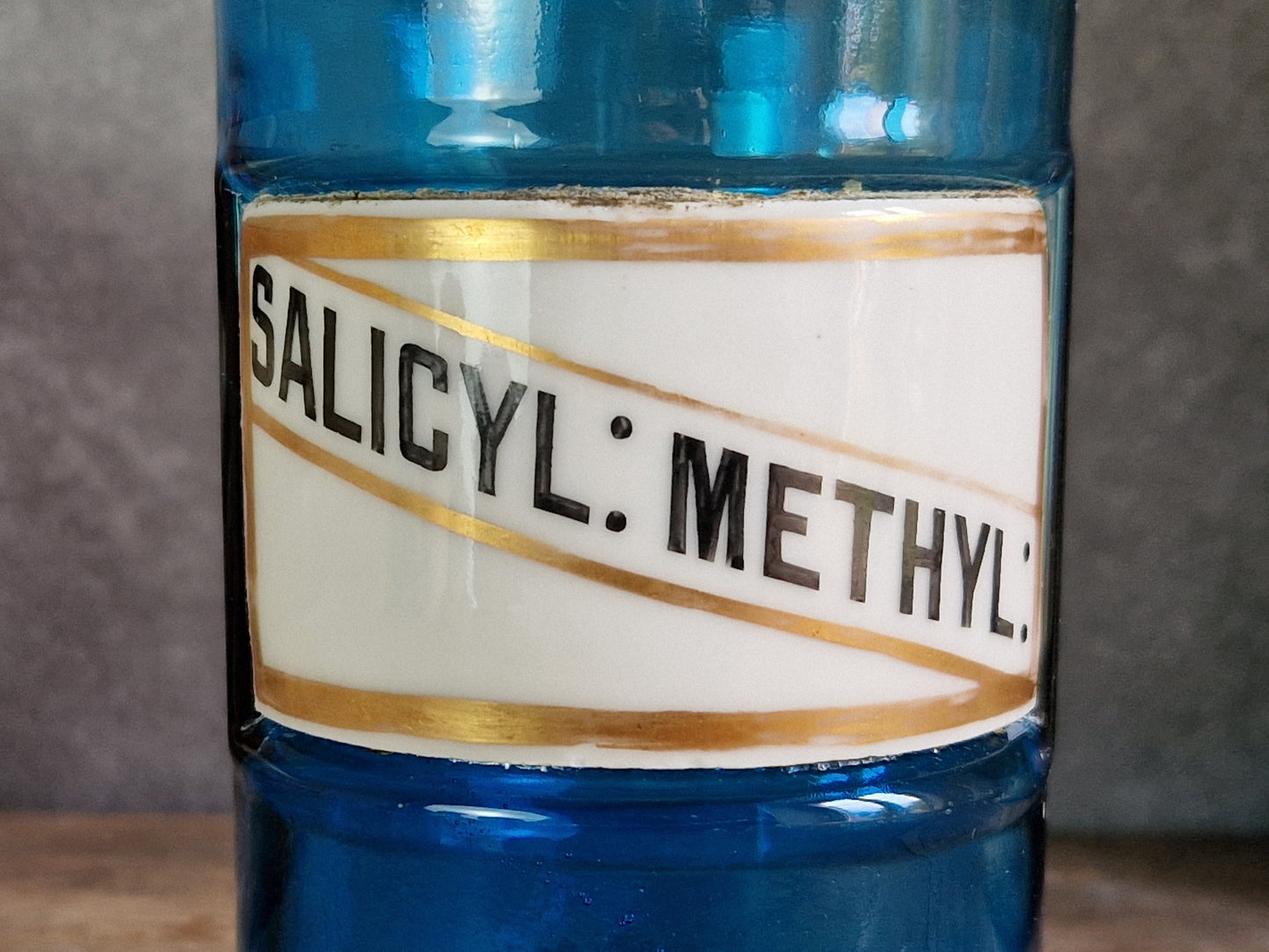 French antique blue apothecary bottle with toleware lid.