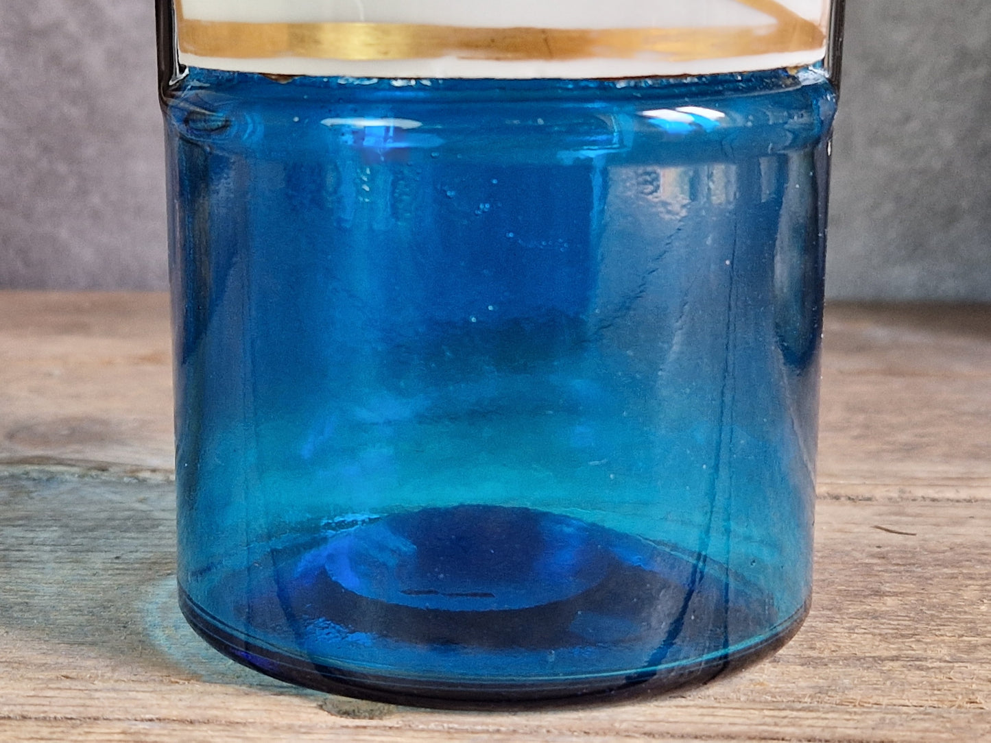 French antique blue apothecary bottle with toleware lid.
