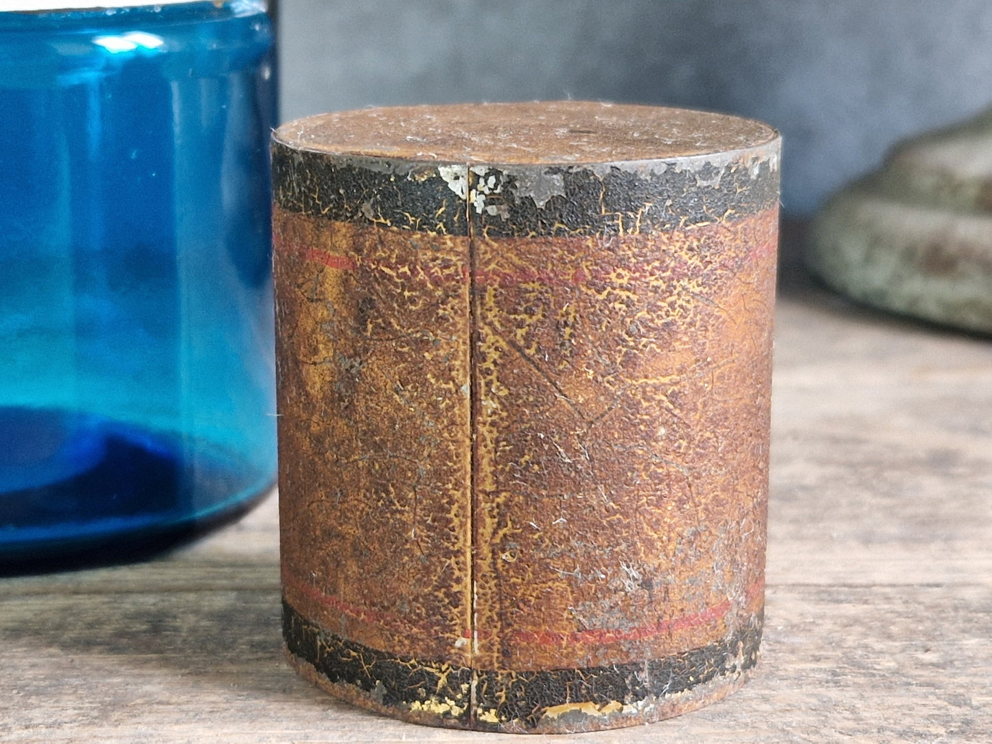 French antique blue apothecary bottle with toleware lid.