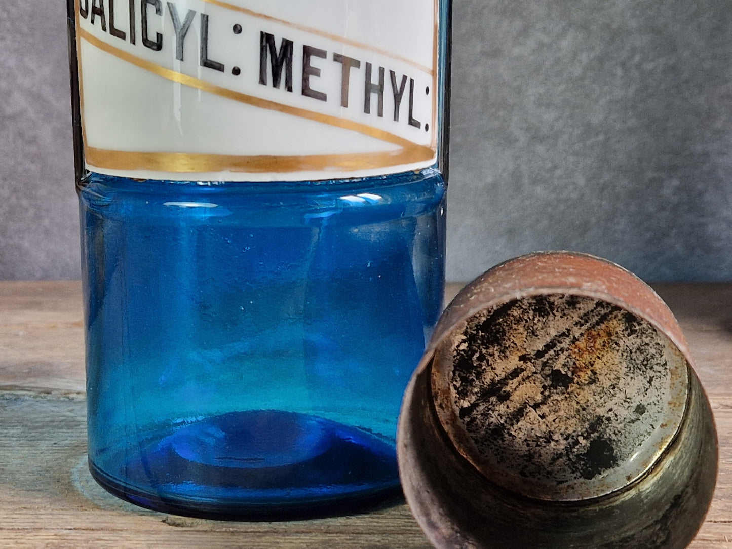 French antique blue apothecary bottle with toleware lid.