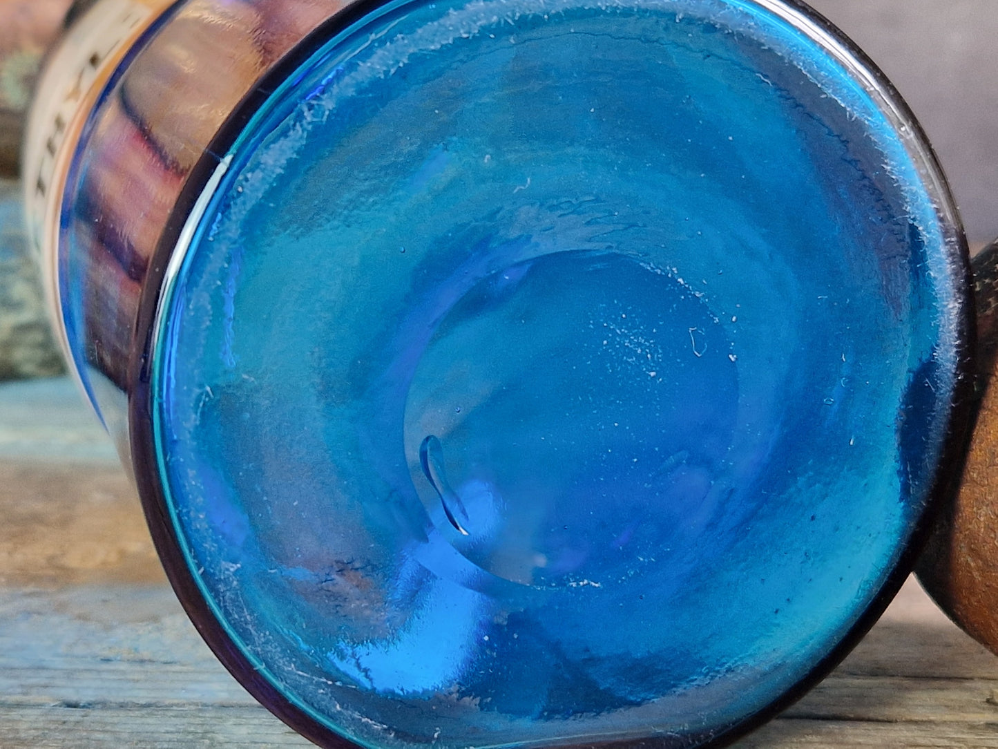 French antique blue apothecary bottle with toleware lid.