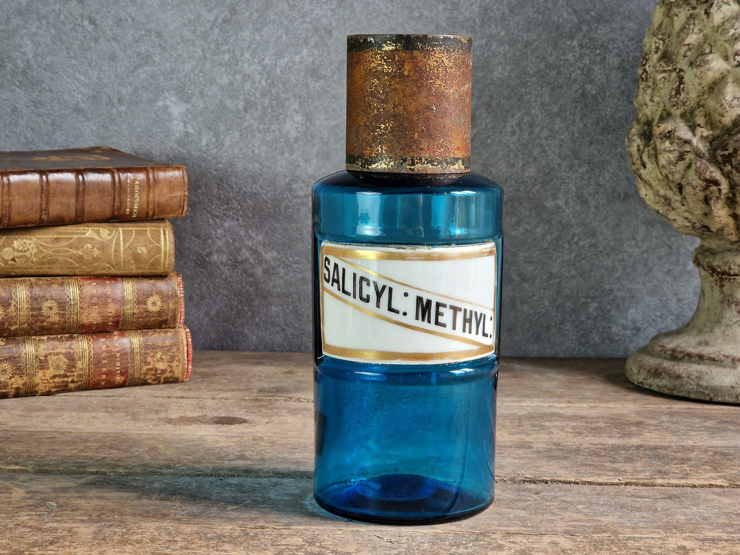 French antique blue apothecary bottle with toleware lid.