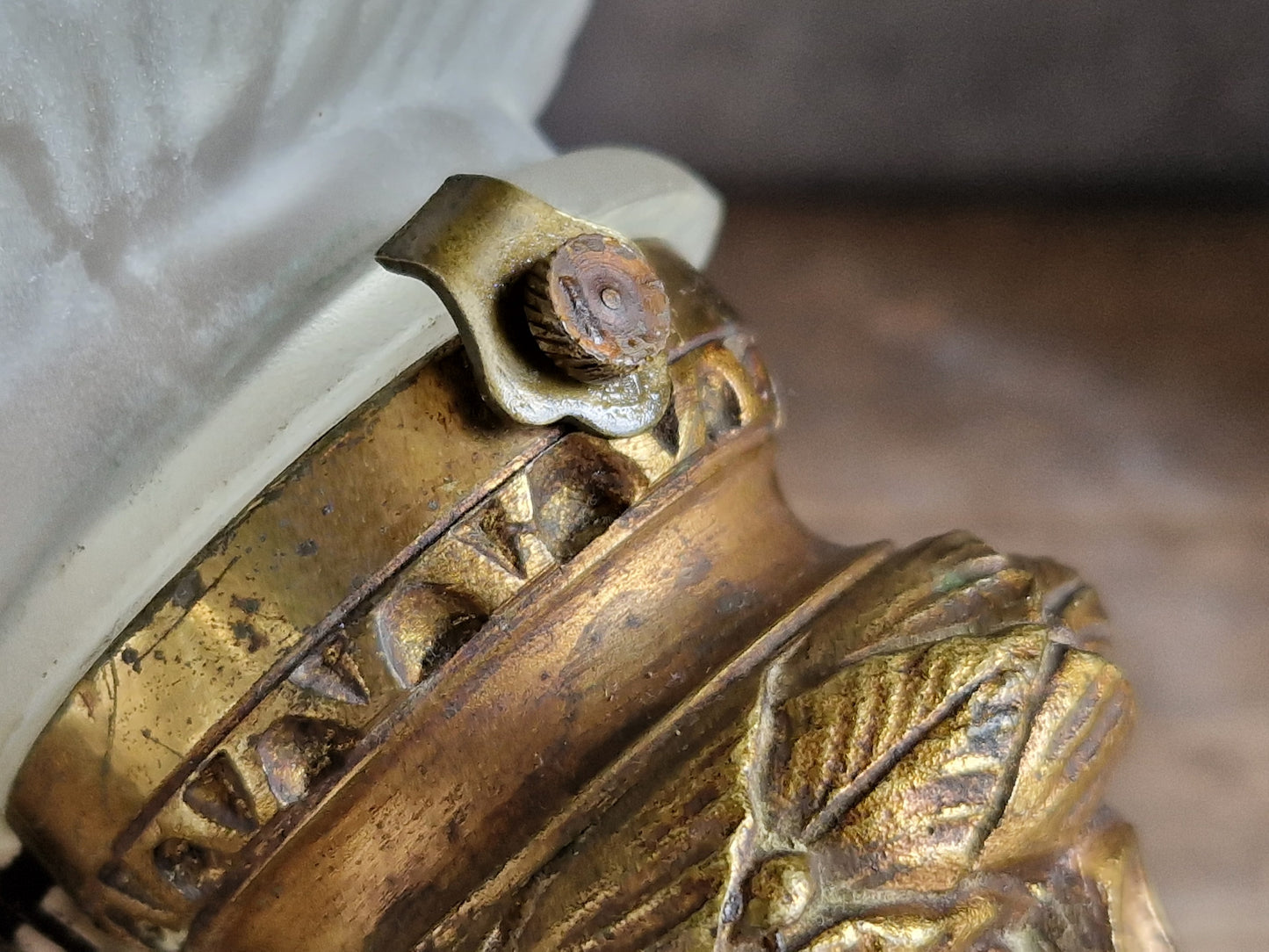 French antique gilt bronze wall sconce with torchere glass shade. Antique French wall light with 18th century decoration.