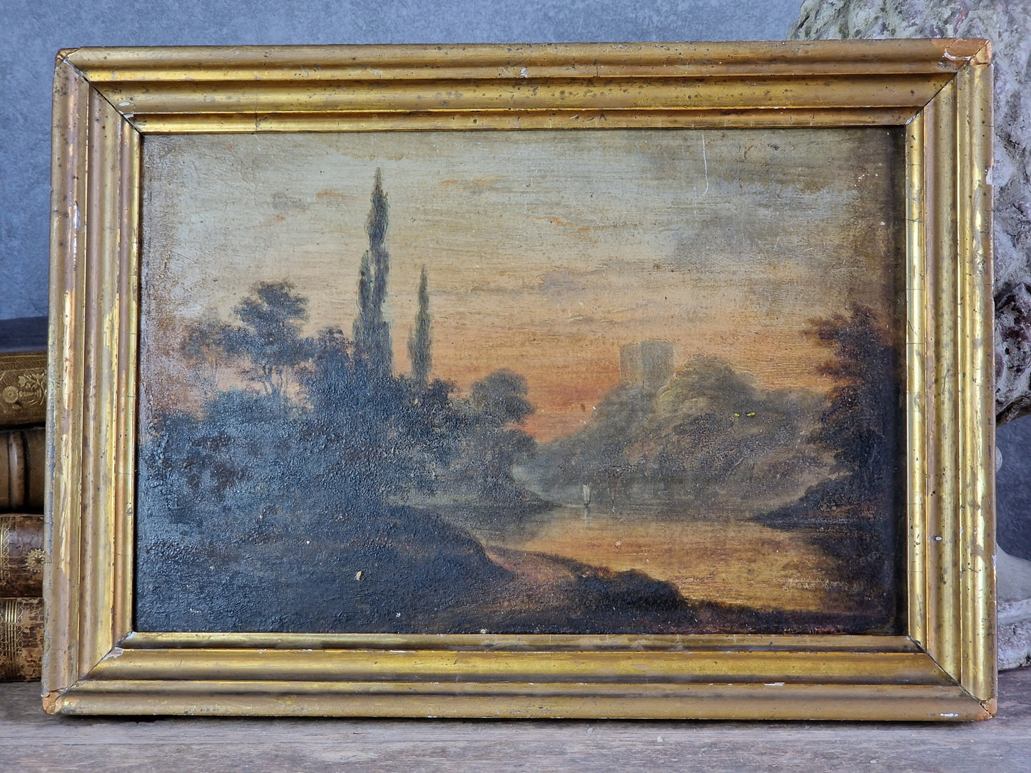 French antique oil on board of lakeside scene. Original French wall art.