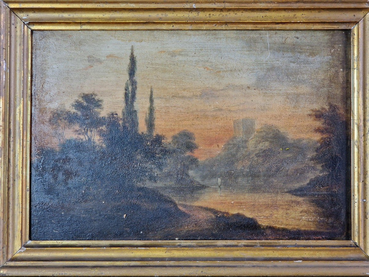 French antique oil on board of lakeside scene. Original French wall art.