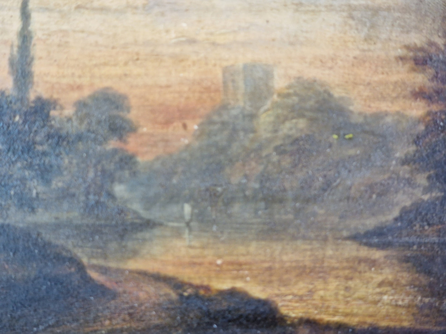 French antique oil on board of lakeside scene. Original French wall art.