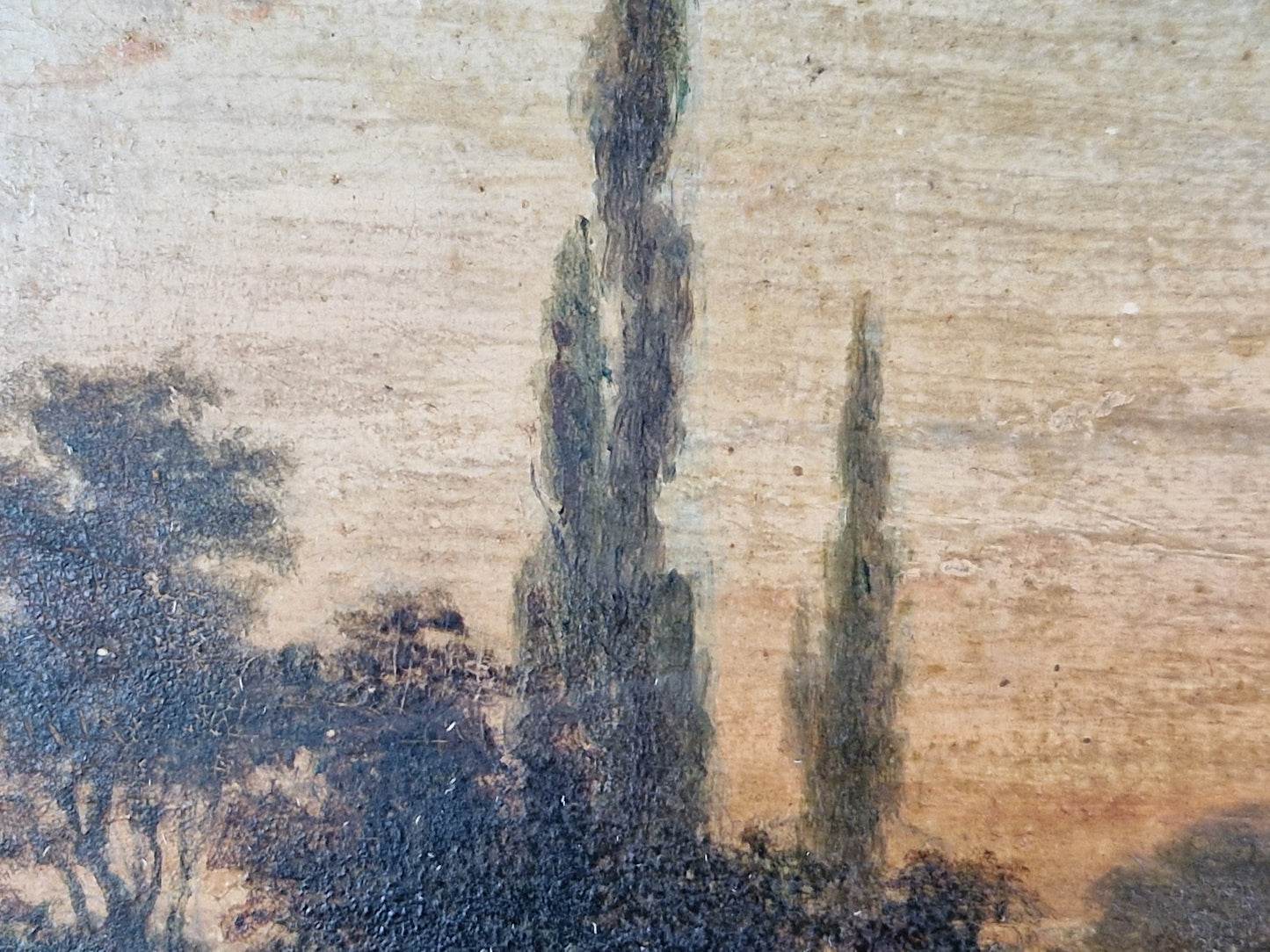 French antique oil on board of lakeside scene. Original French wall art.