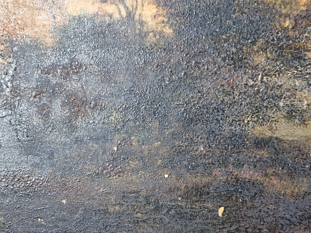 French antique oil on board of lakeside scene. Original French wall art.