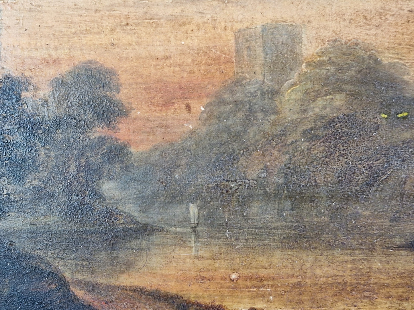 French antique oil on board of lakeside scene. Original French wall art.
