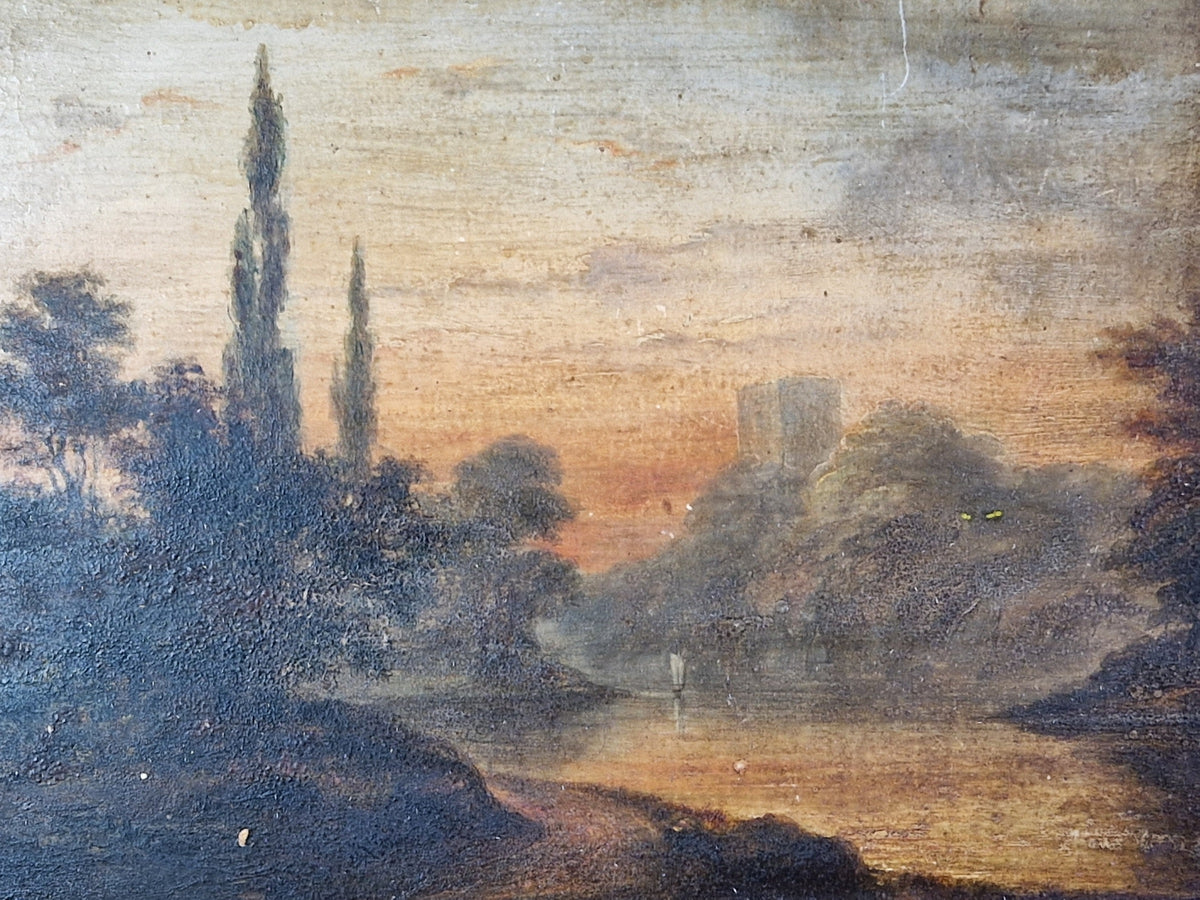 French antique oil on board of lakeside scene. Original French wall art.