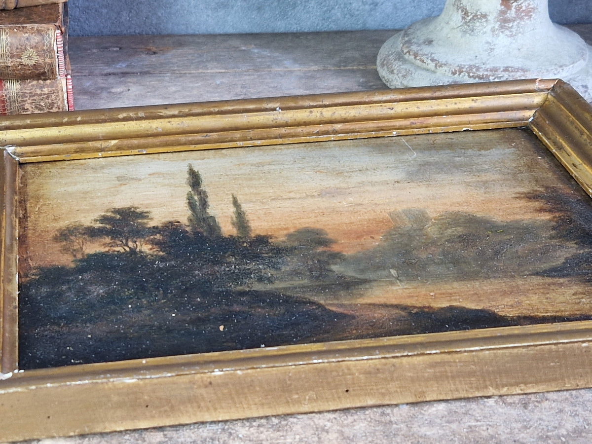 French antique oil on board of lakeside scene. Original French wall art.