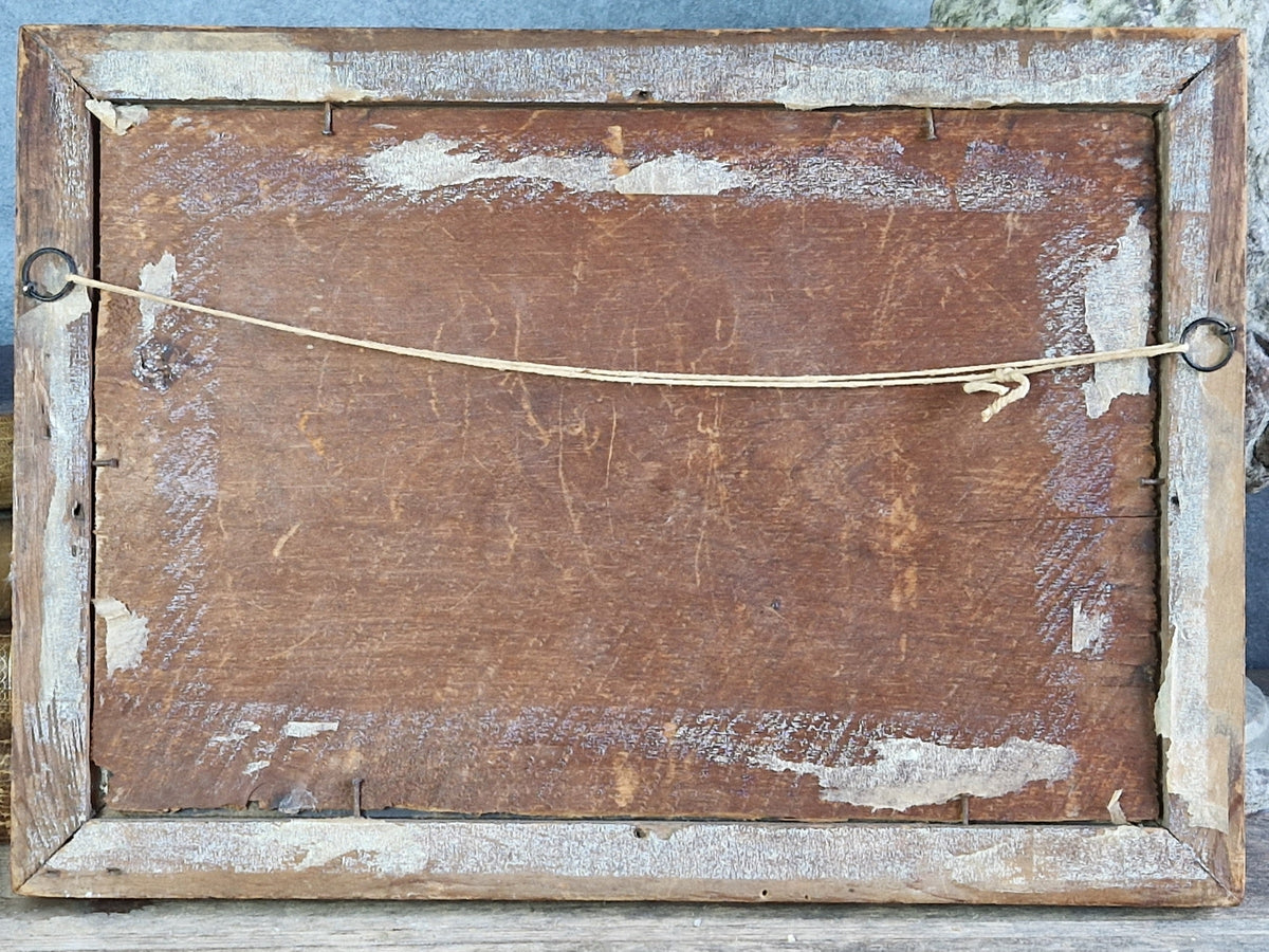 French antique oil on board of lakeside scene. Original French wall art.
