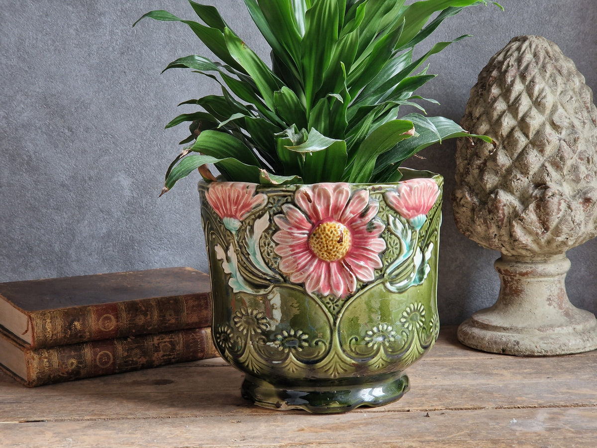 French antique barbotine jardinaire. 19th century slipware pottery planter.