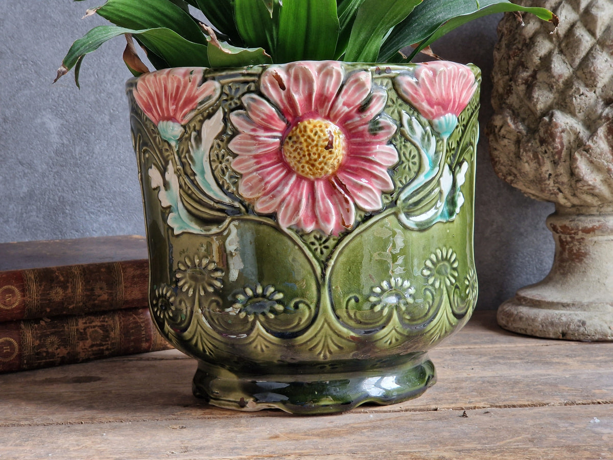 French antique barbotine jardinaire. 19th century slipware pottery planter.