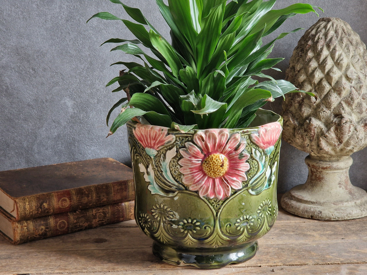 French antique barbotine jardinaire. 19th century slipware pottery planter.