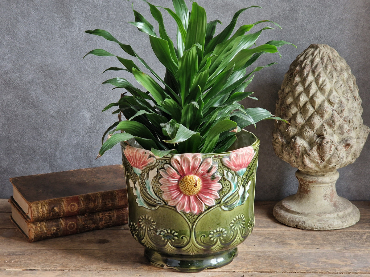 French antique barbotine jardinaire. 19th century slipware pottery planter.