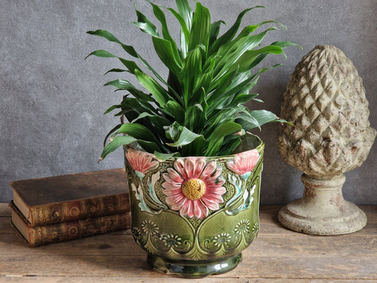 French antique barbotine jardinaire. 19th century slipware pottery planter.