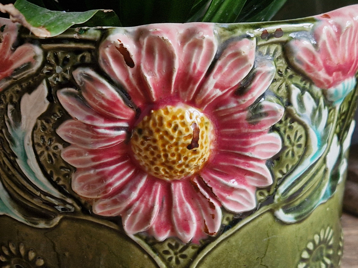 French antique barbotine jardinaire. 19th century slipware pottery planter.