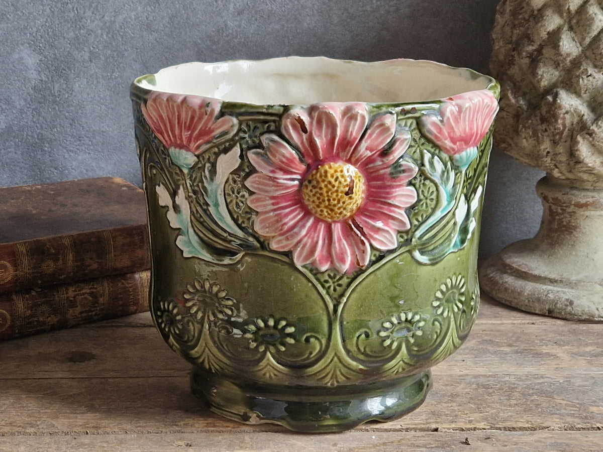 French antique barbotine jardinaire. 19th century slipware pottery planter.