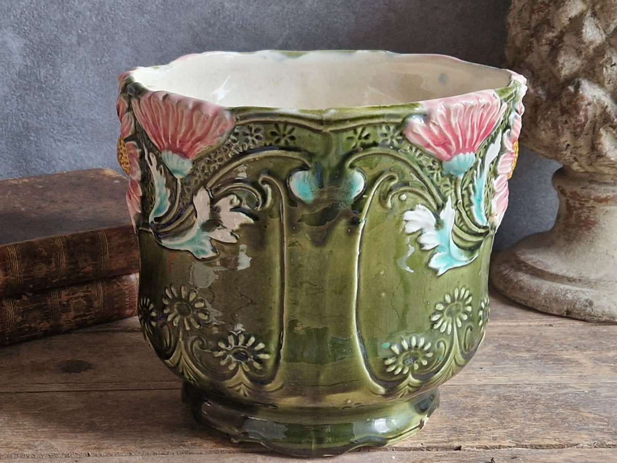 French antique barbotine jardinaire. 19th century slipware pottery planter.