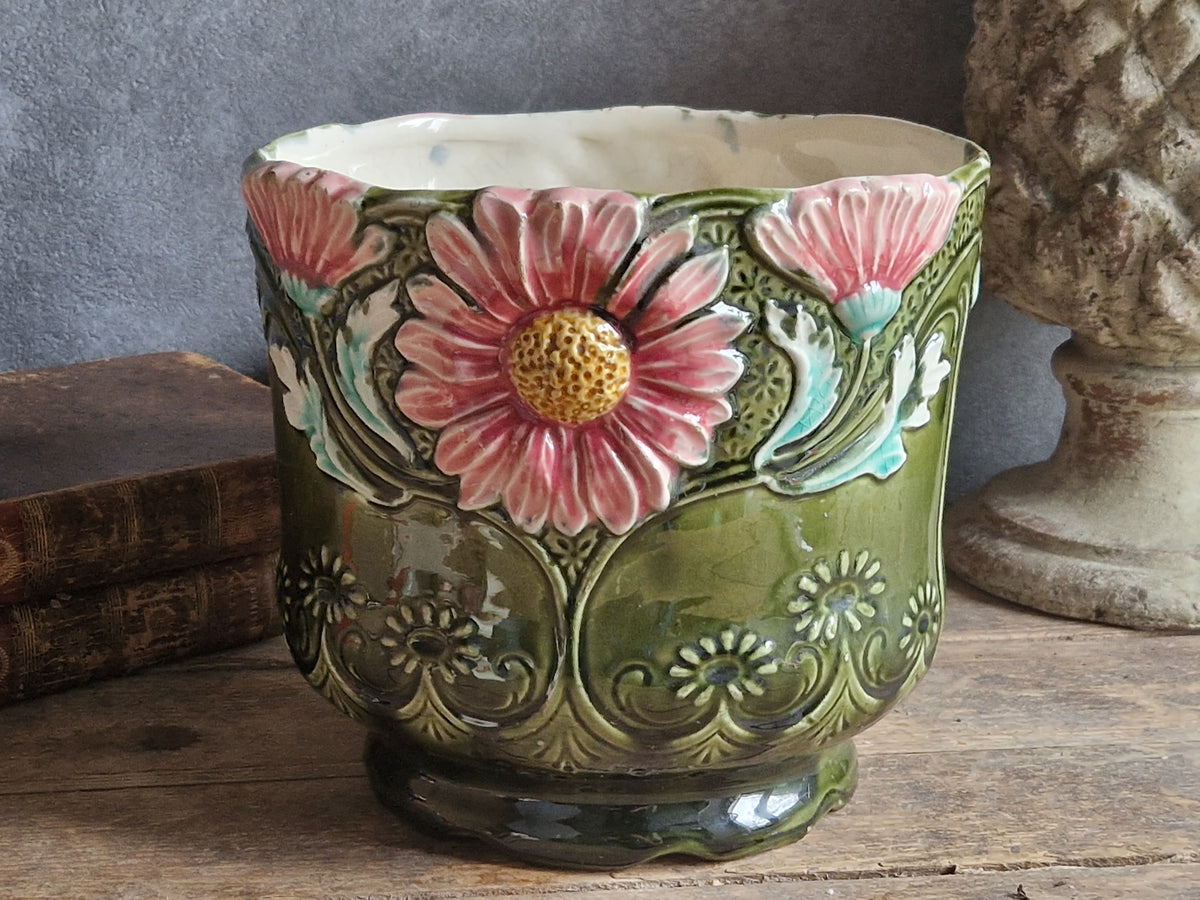 French antique barbotine jardinaire. 19th century slipware pottery planter.