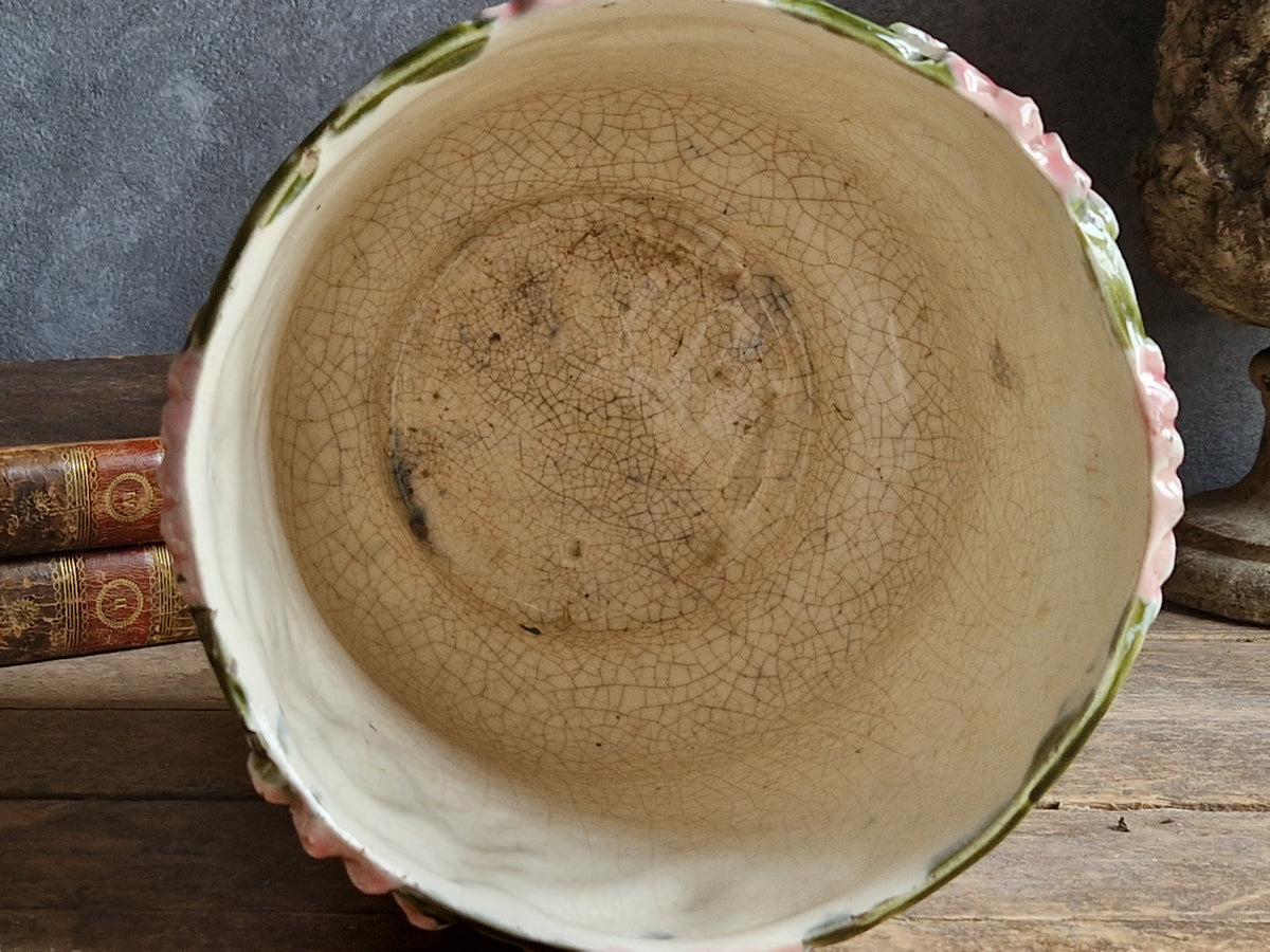 French antique barbotine jardinaire. 19th century slipware pottery planter.