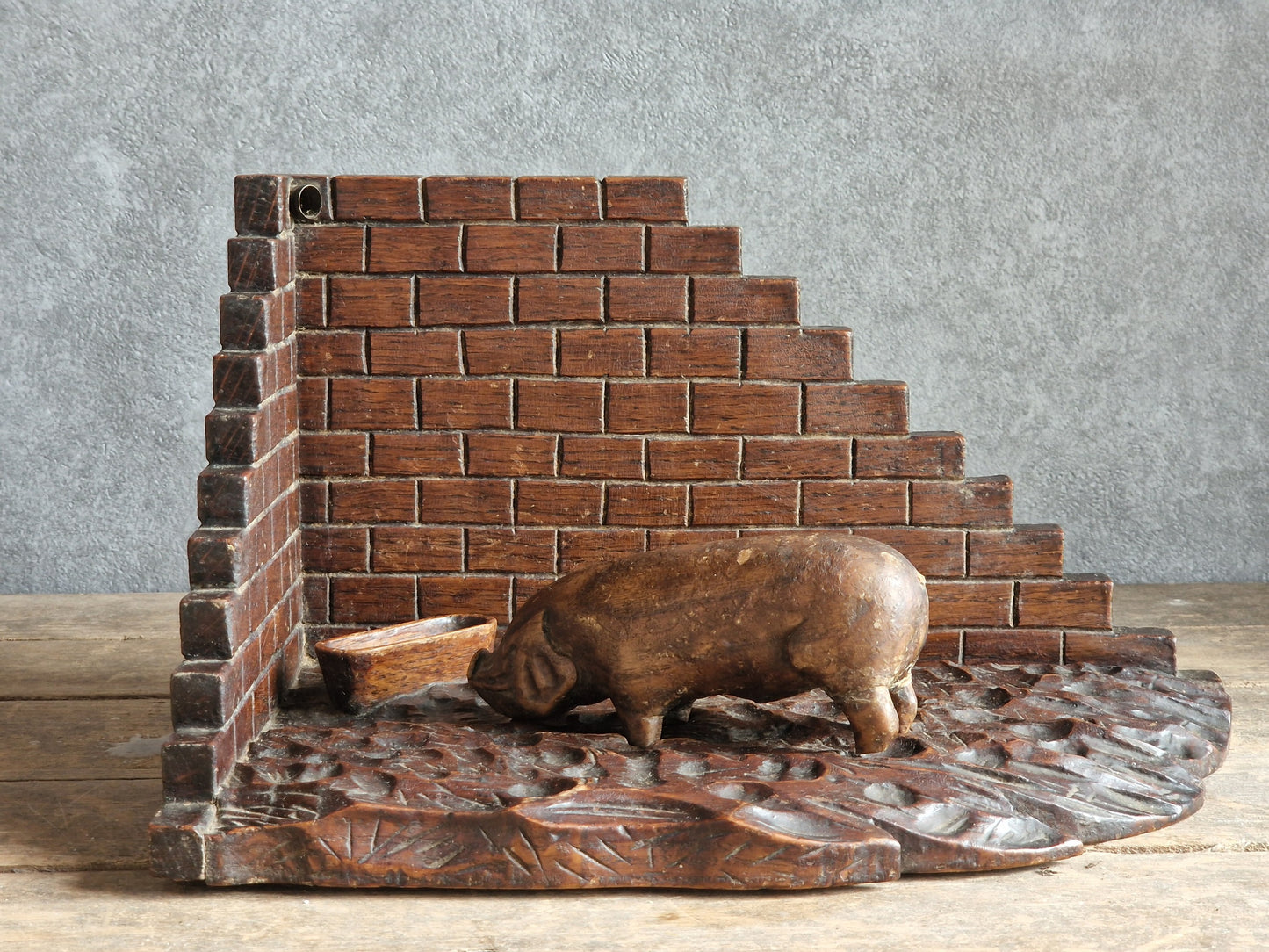 French wooden folk art pig diorama. Hand carved wooden pig in sty.