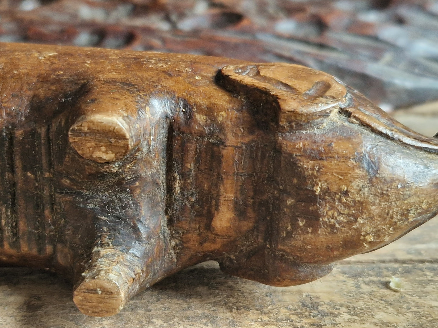 French wooden folk art pig diorama. Hand carved wooden pig in sty.