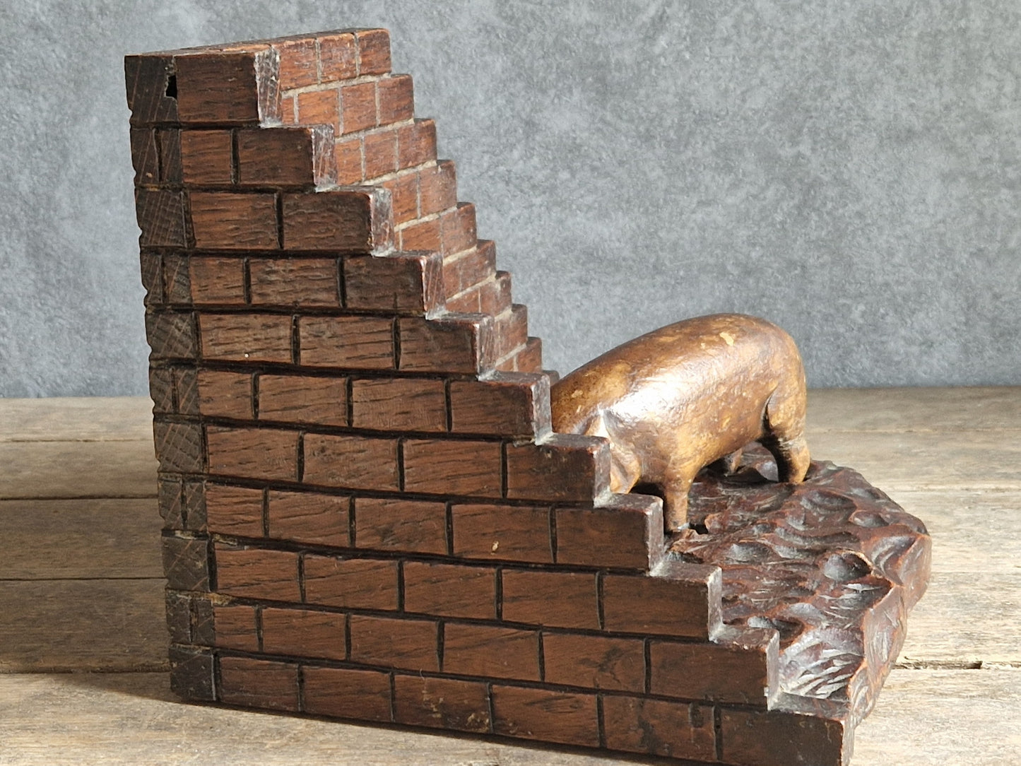 French wooden folk art pig diorama. Hand carved wooden pig in sty.