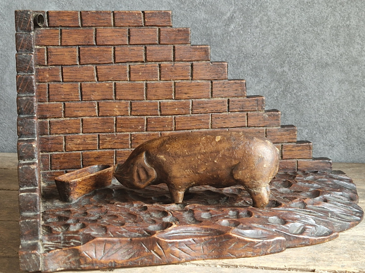 French wooden folk art pig diorama. Hand carved wooden pig in sty.