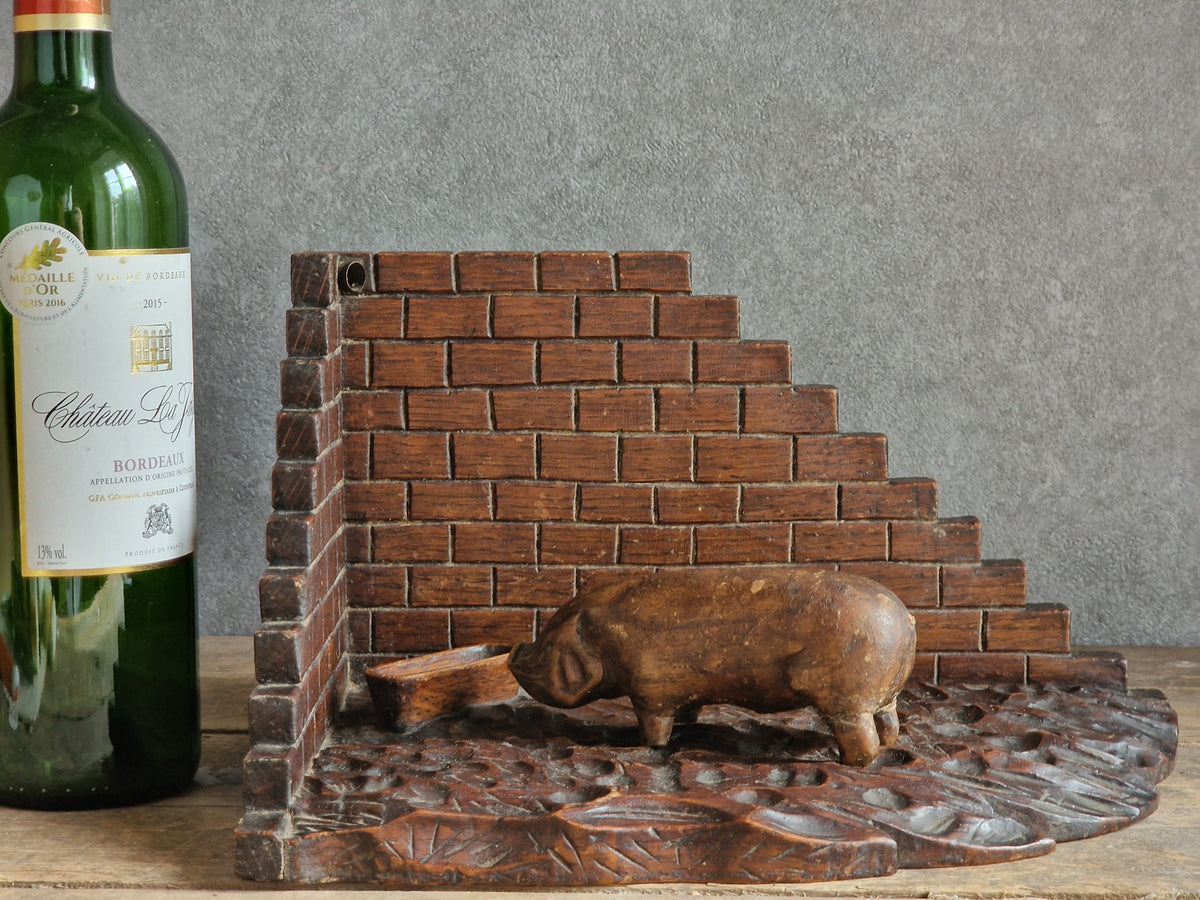 French wooden folk art pig diorama. Hand carved wooden pig in sty.