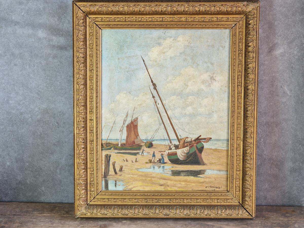 French antique oil painting of boats 1908. Original antique wall art.
