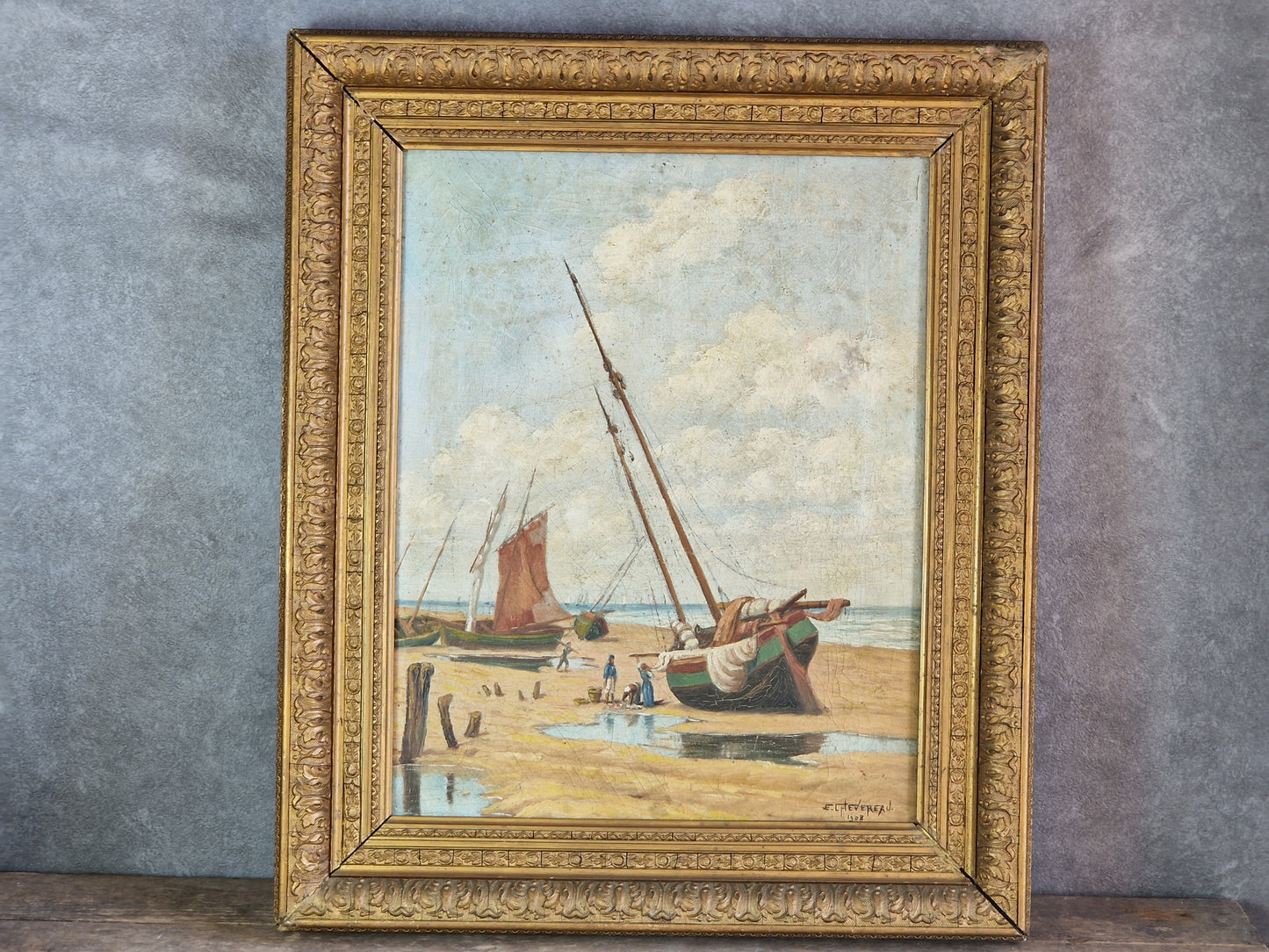French antique oil painting of boats 1908. Original antique wall art.