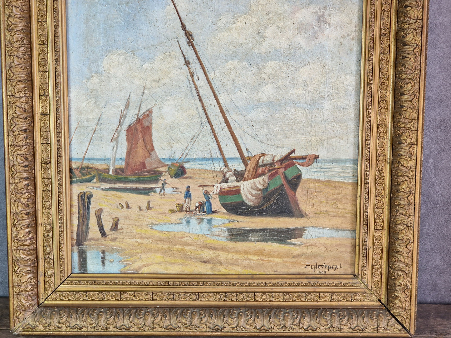 French antique oil painting of boats 1908. Original antique wall art.